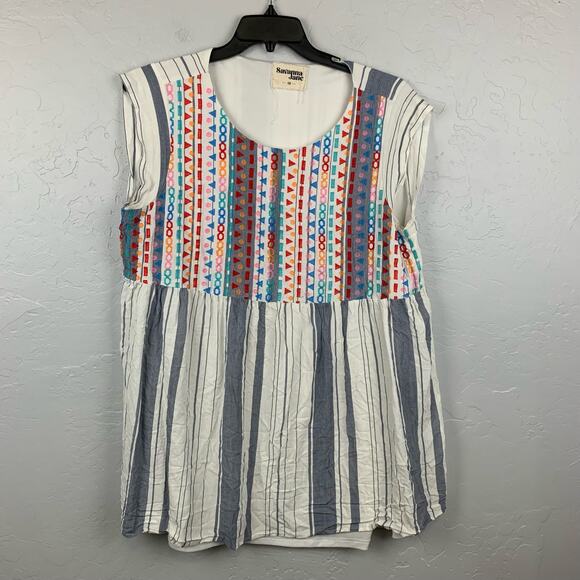 Savanna Jane Dress Tunic Blue CreamColorful Embroiderey Mini Boho Lined Size 1X - Picture 1 of 8